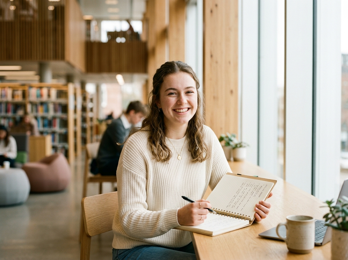 Élève épanouie dans un environnement scolaire moderne avec School SaaS